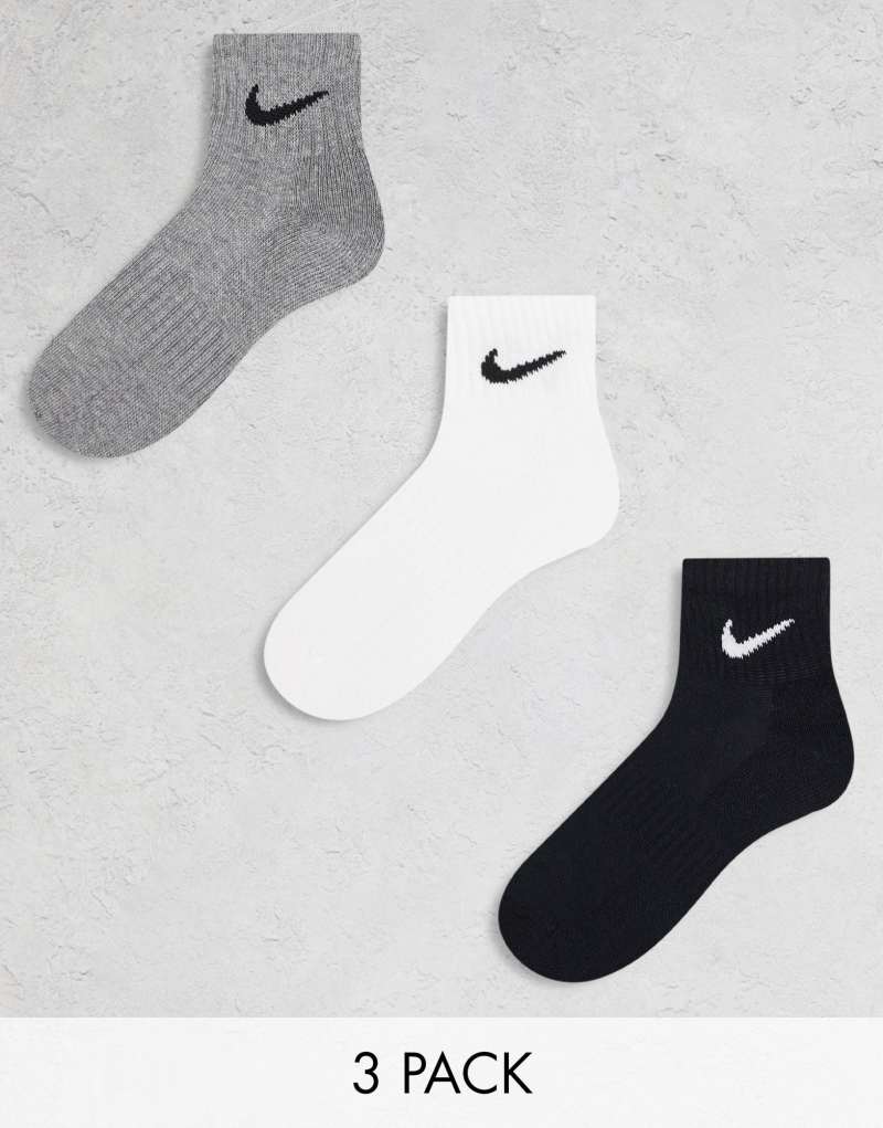 Nike Training Everyday Cushioned 3 pack ankle sock in white, gray and black Nike