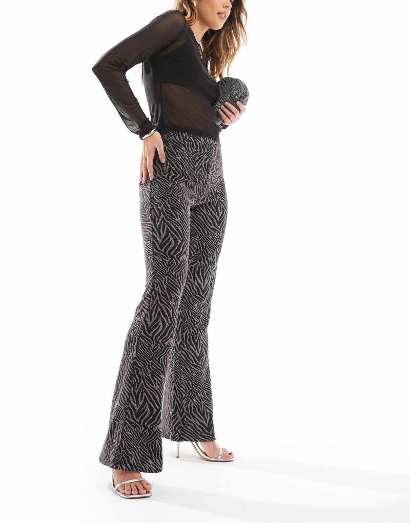 ONLY zebra print glitter flare pants in black ONLY