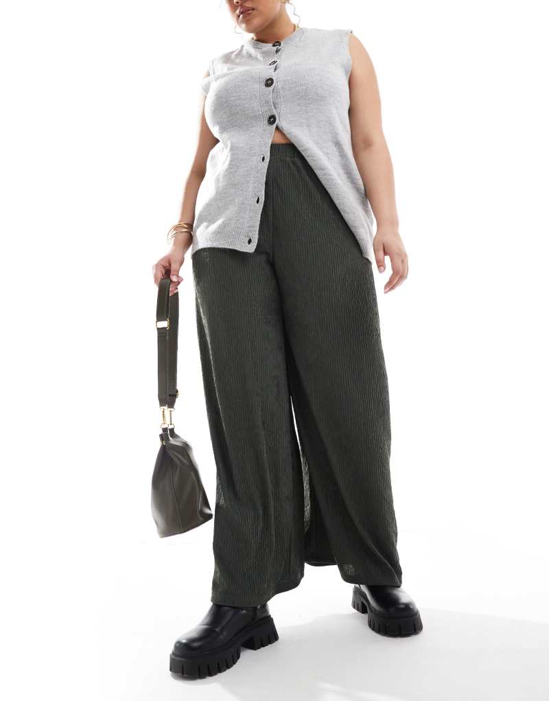 ONLY Curve wide leg textured pants in dark green ONLY