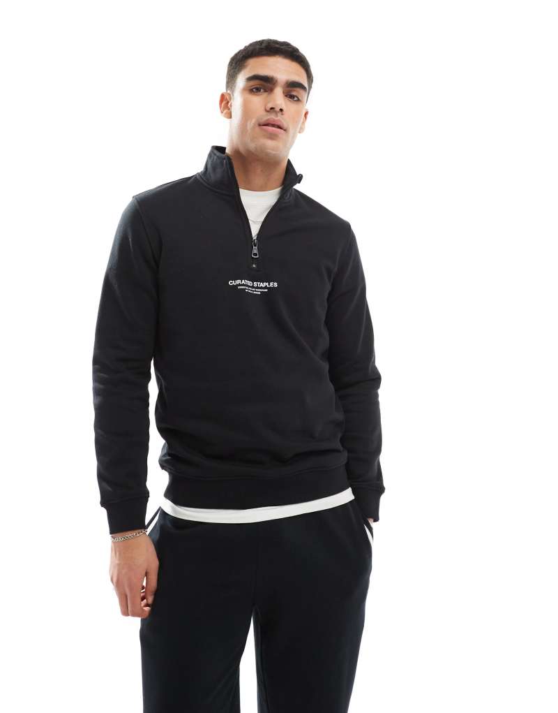 ONLY & SONS curated high neck 1/4 zip sweater in black Only & Sons