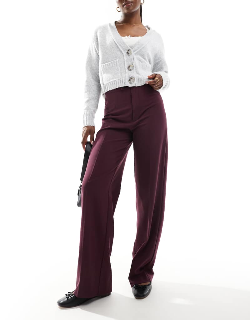 Pull&Bear high waisted tab tailored pants in burgundy Pull&Bear