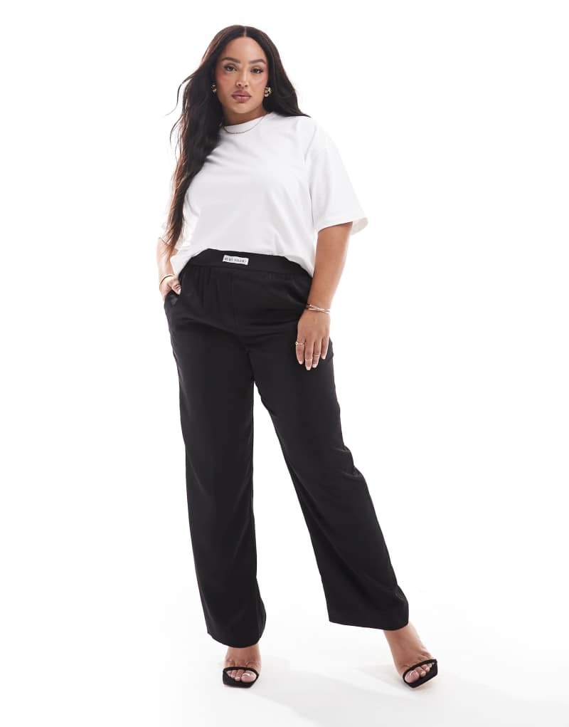 Renee Studio exclusive satin wide leg logo waistband pants in black Renee Studio