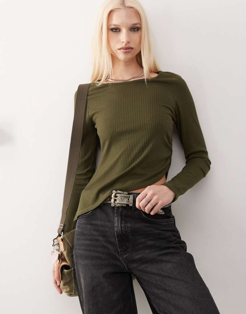 Reclaimed Vintage long sleeve slash neck rib top in khaki Reclaimed Vintage