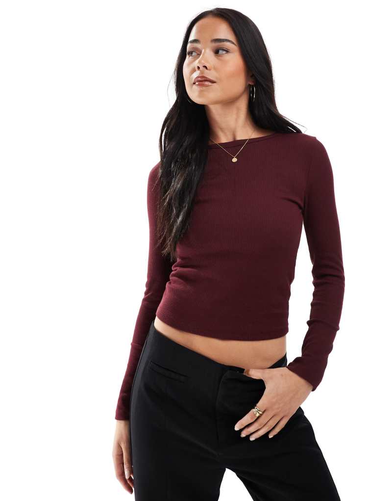 Stradivarius round neck ribbed long sleeve top in burgundy Stradivarius