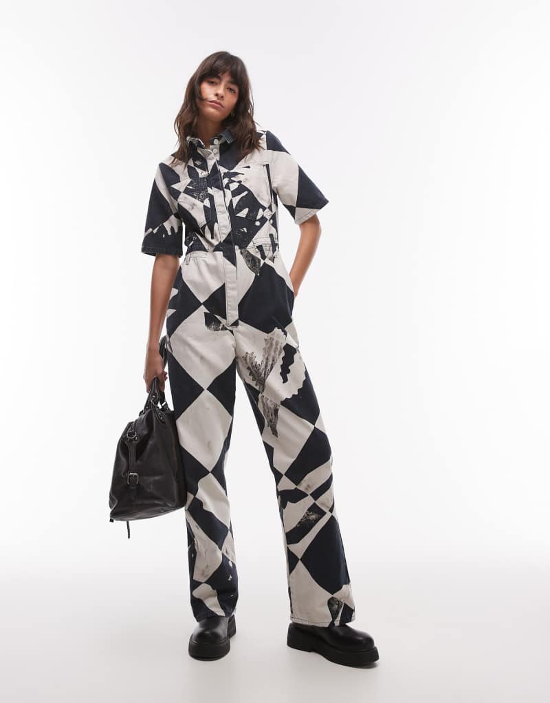 Topshop short sleeve printed jumpsuit in multi Topshop