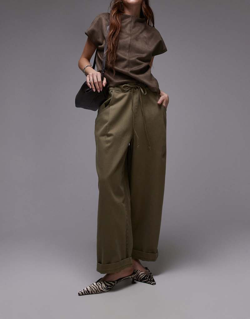 Topshop plain drawstring straight leg pants in khaki TOPSHOP