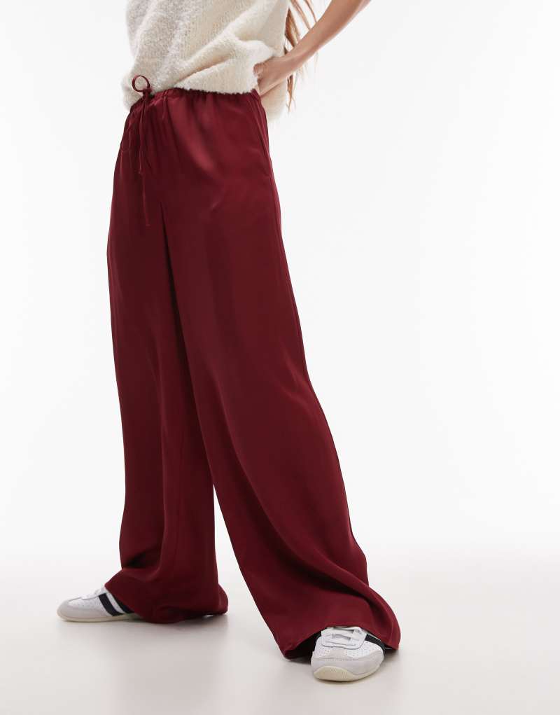 Topshop satin wide leg with tie waist pants in burgundy TOPSHOP