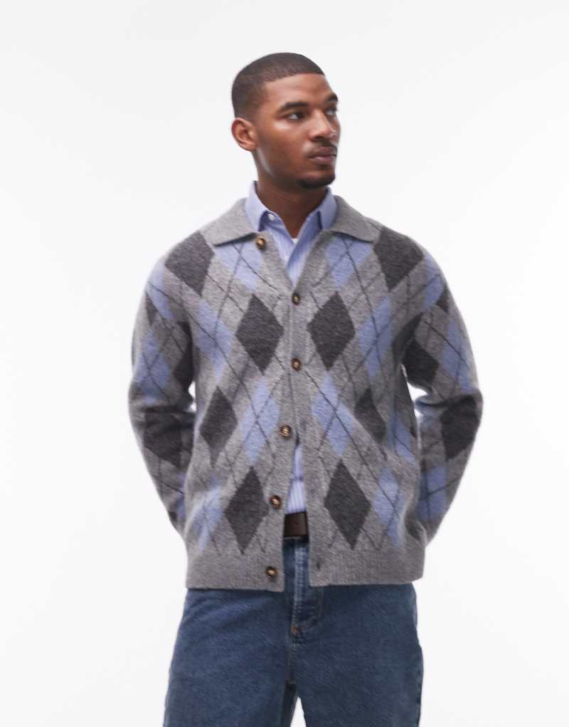 Topman collared cardigan in gray & blue argyle Topman