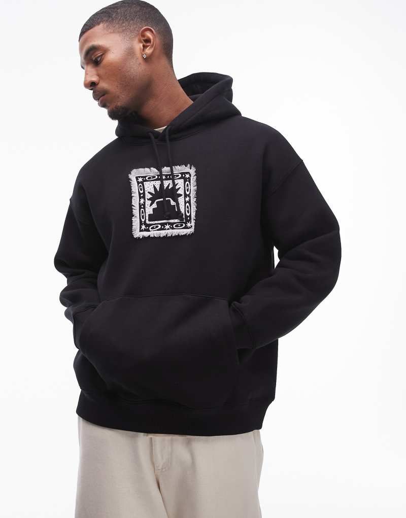 Topman oversized fit hoodie with frayed patch embroidery in black TOPMAN