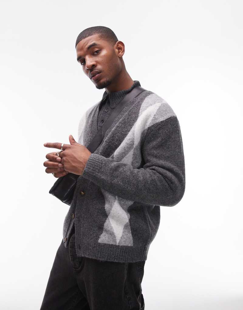 Topman cardigan in gray & white argyle Topman