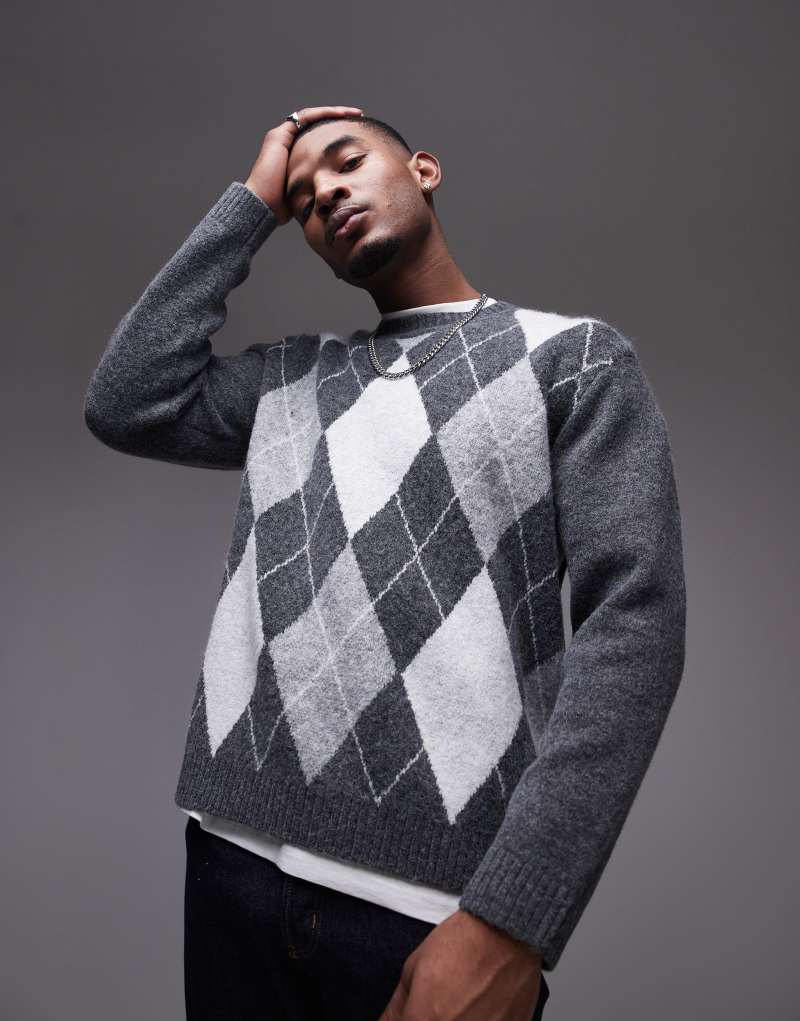 Topman crew sweater in gray & white argyle Topman