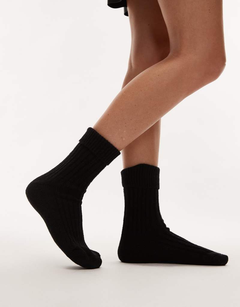 Topshop chunky ribbed fold down socks in black Topshop