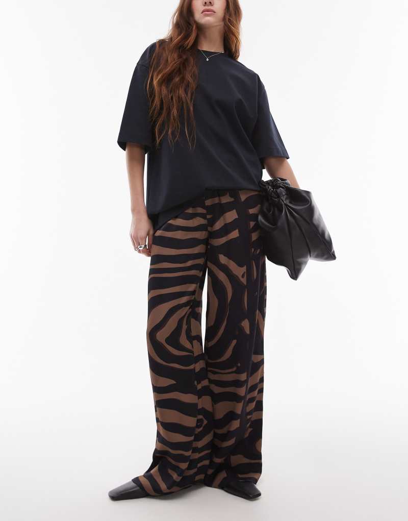 Topshop satin wide leg with tie waist pants in abstract print TOPSHOP