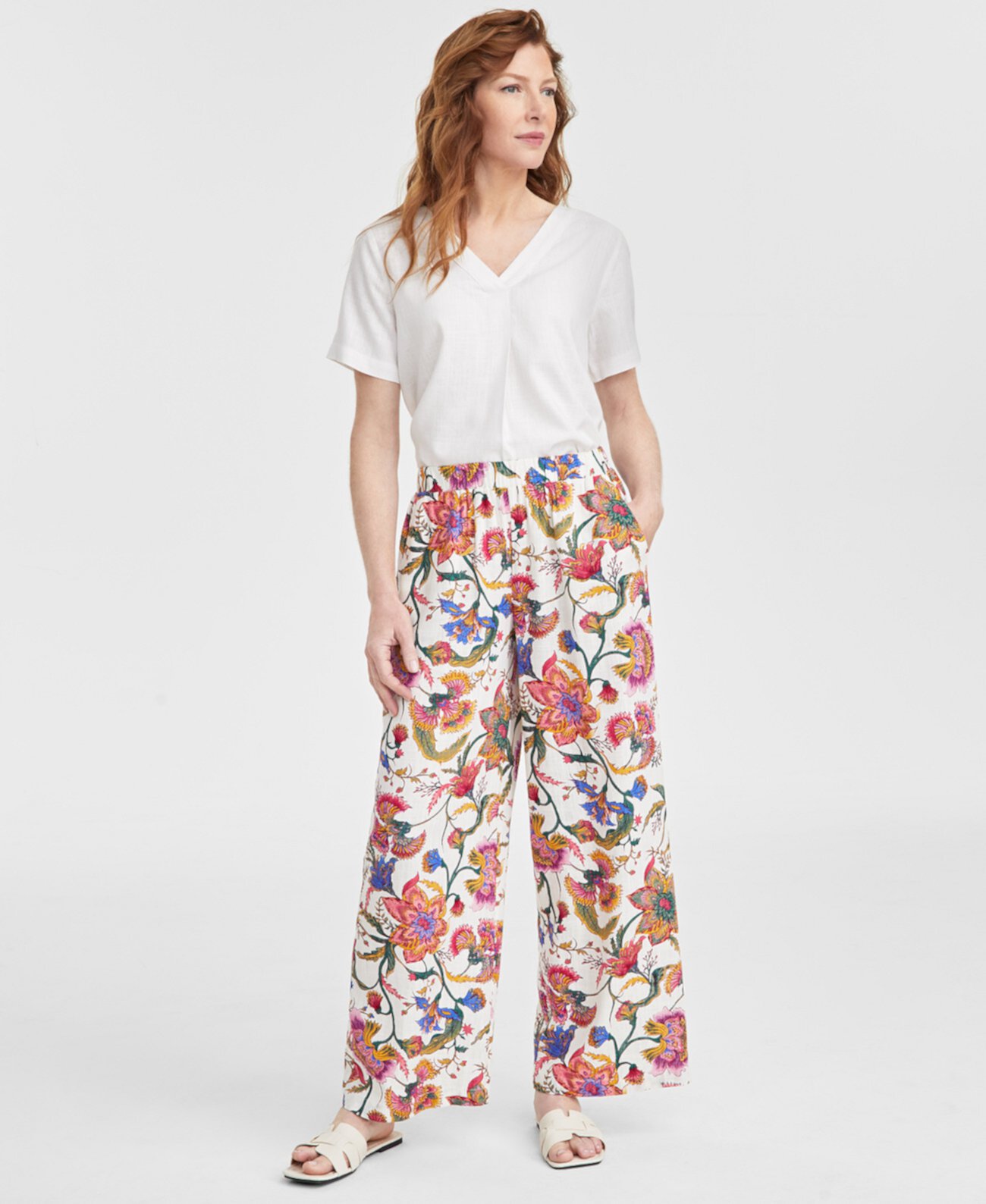 Women's Linen-Blend Printed Pants, Exclusively at Macy's J&M Collection