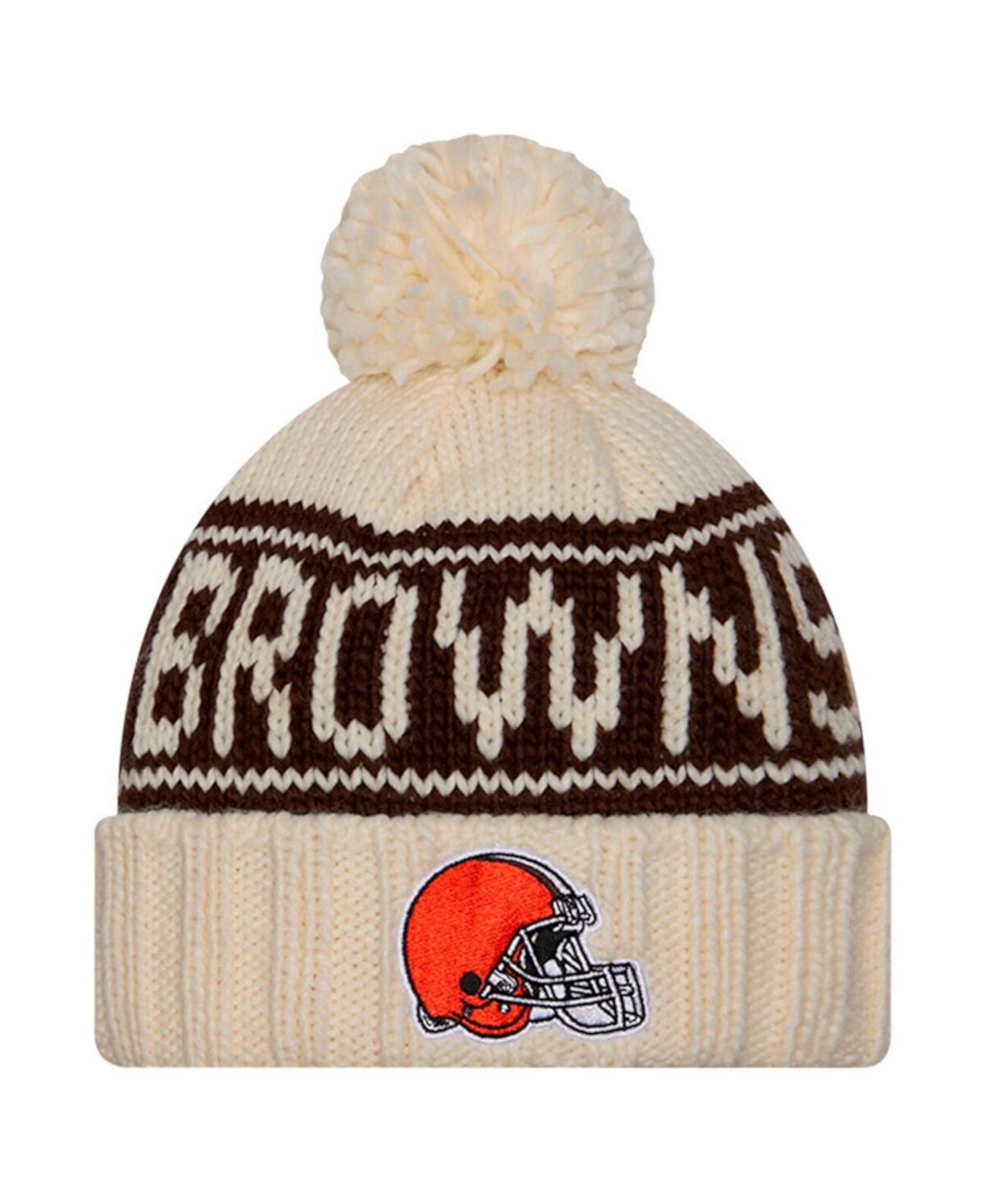 Women's Cream Cleveland Browns 2024 Sideline Cuffed Knit Hat with Pom New Era