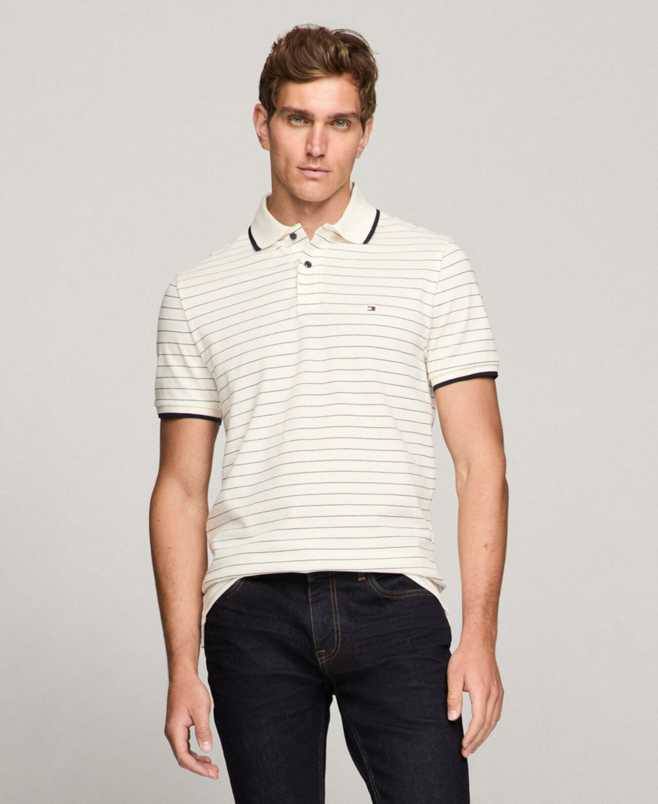 Men's Regular-Fit Tipped Oxford Stripe Polo Shirt Tommy Hilfiger