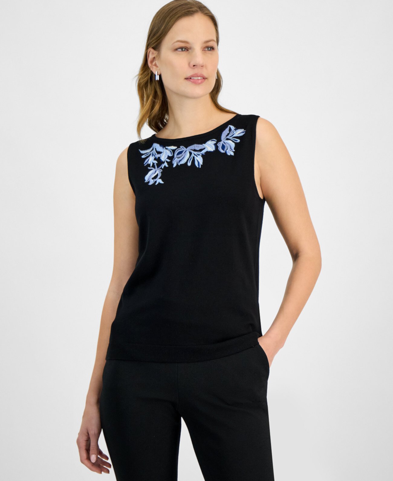 Women's Sleeveless Embroidered Boat-Neck Top, Regular & Petite Sizes Kasper