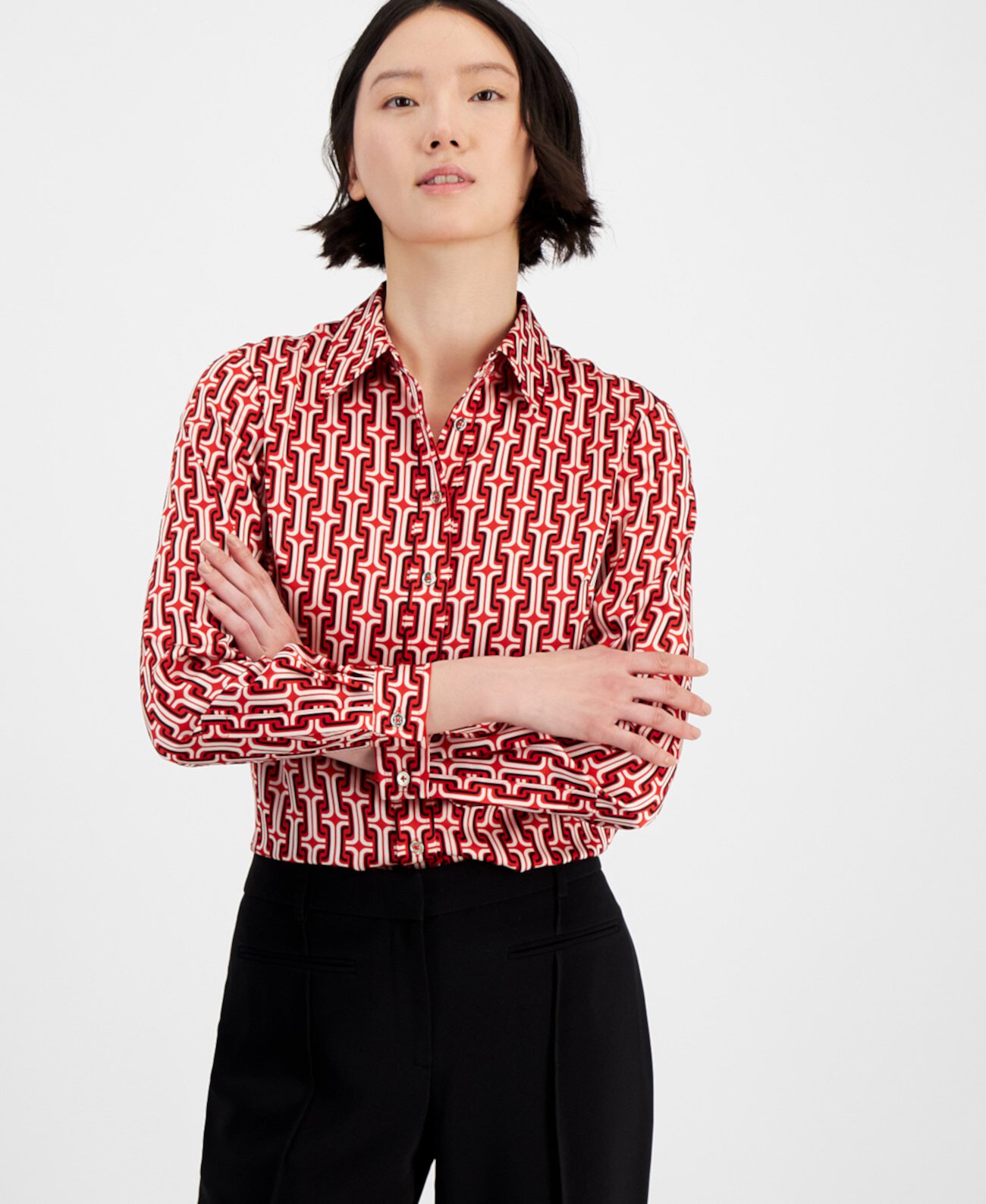 Women's Printed Collared Button-Front Shirt Anne Klein