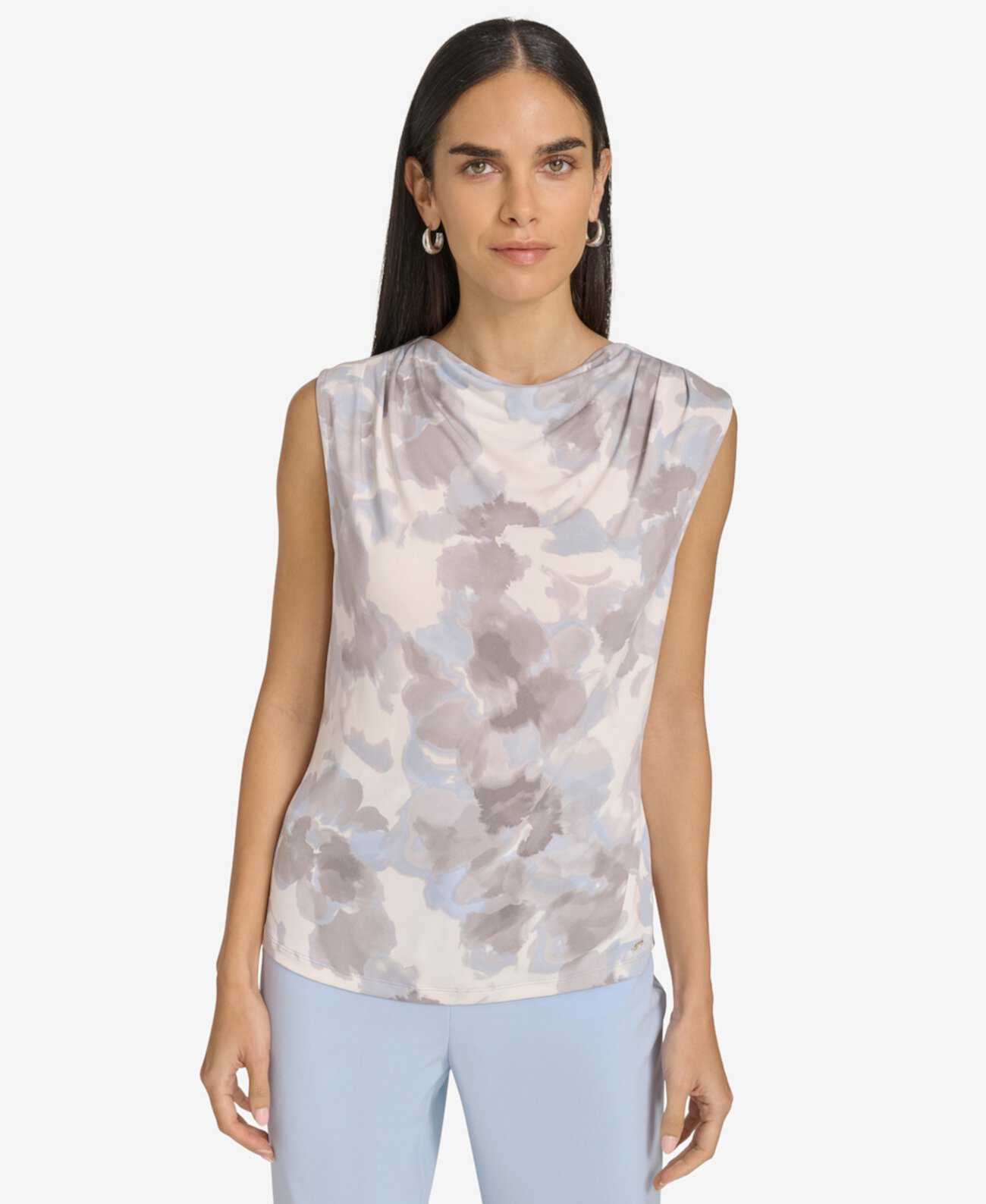 Women's Printed Cowlneck Pleated-Shoulder Top Calvin Klein