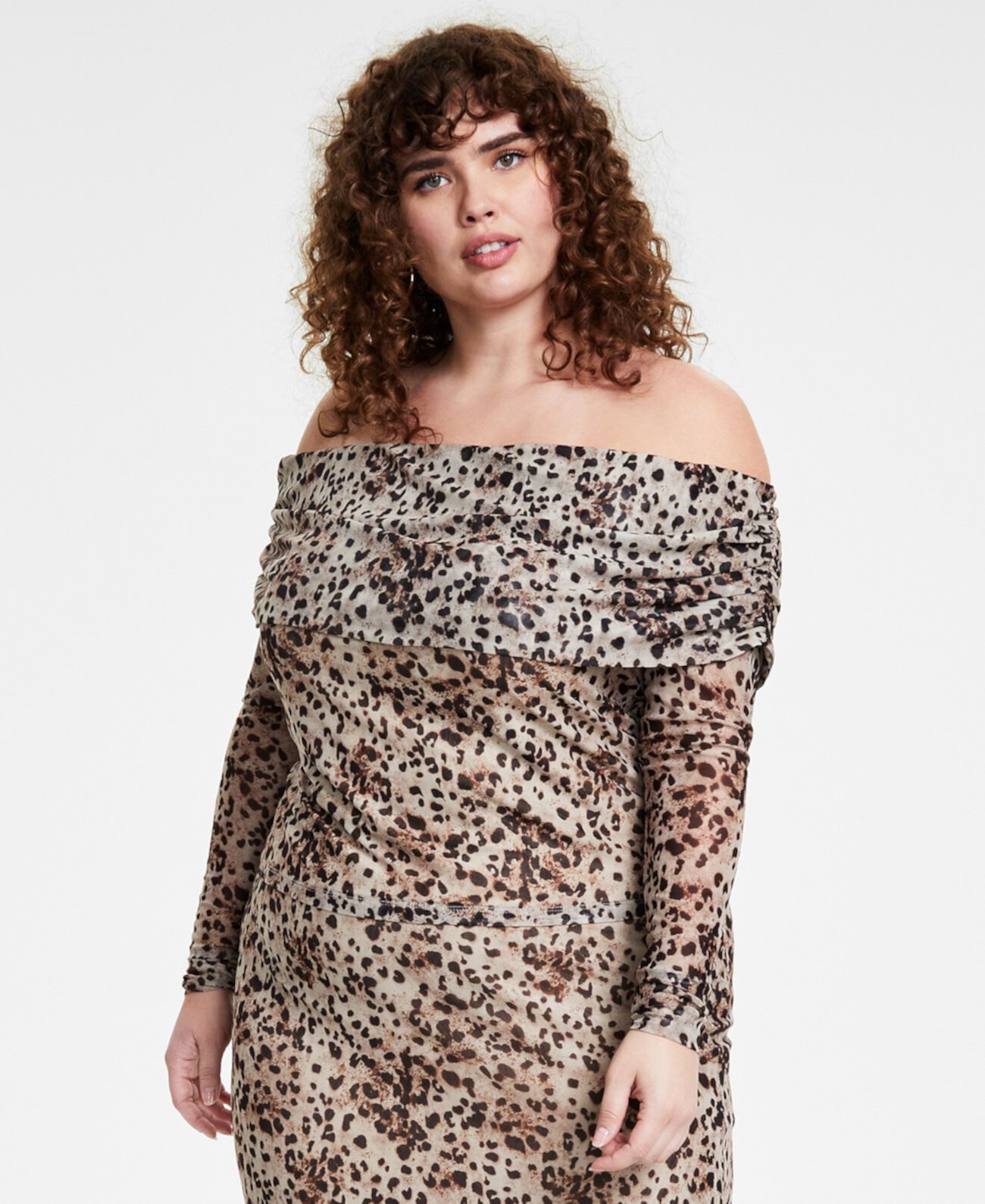 Trendy Plus Size Printed Off-the-Shoulder Mesh Top, Created for Macy's Bar III