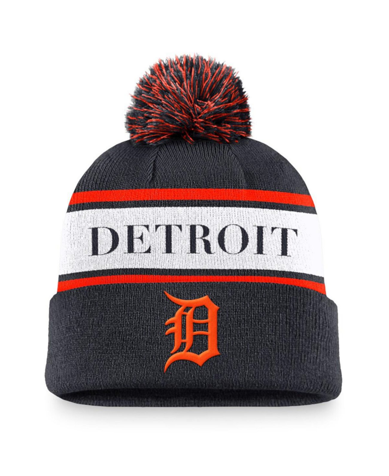 Men's Navy Detroit Tigers Team Stripe Peak Cuffed Knit Hat with Pom Nike