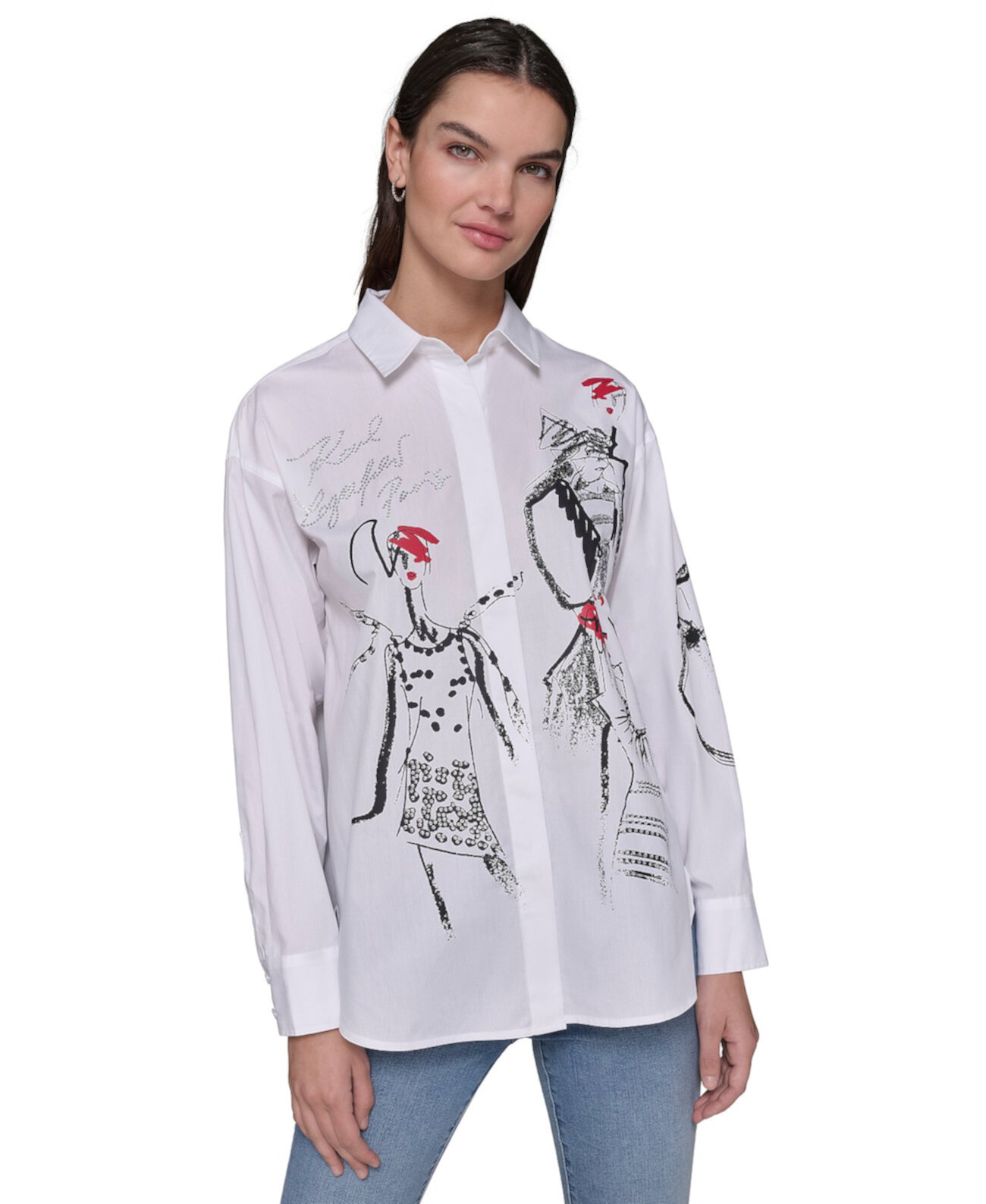 Petite Cotton Sketch Girl Shirt Karl Lagerfeld Paris