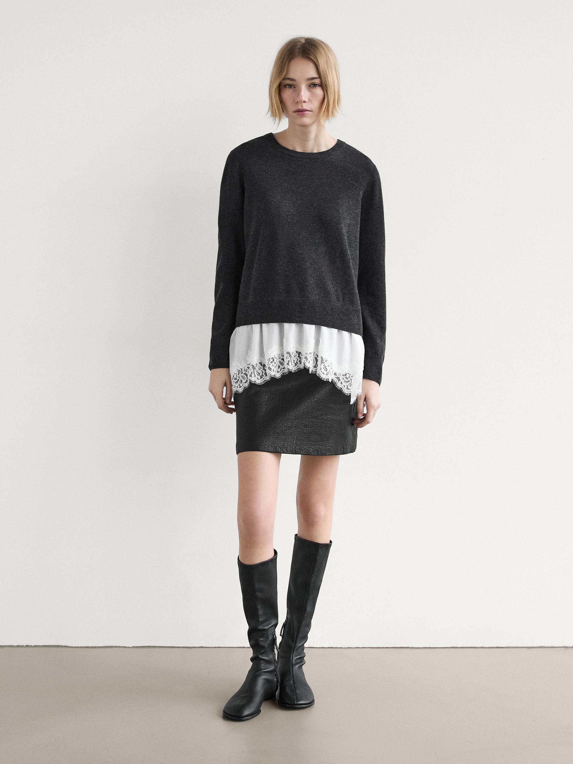 Knit sweater with lace trim on the hem Massimo Dutti