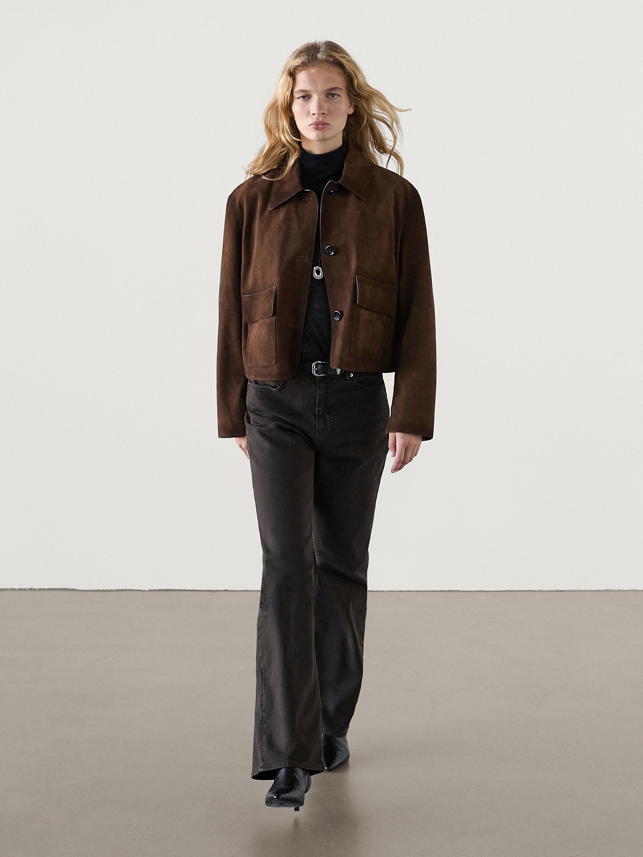 Suede leather jacket with pockets Massimo Dutti