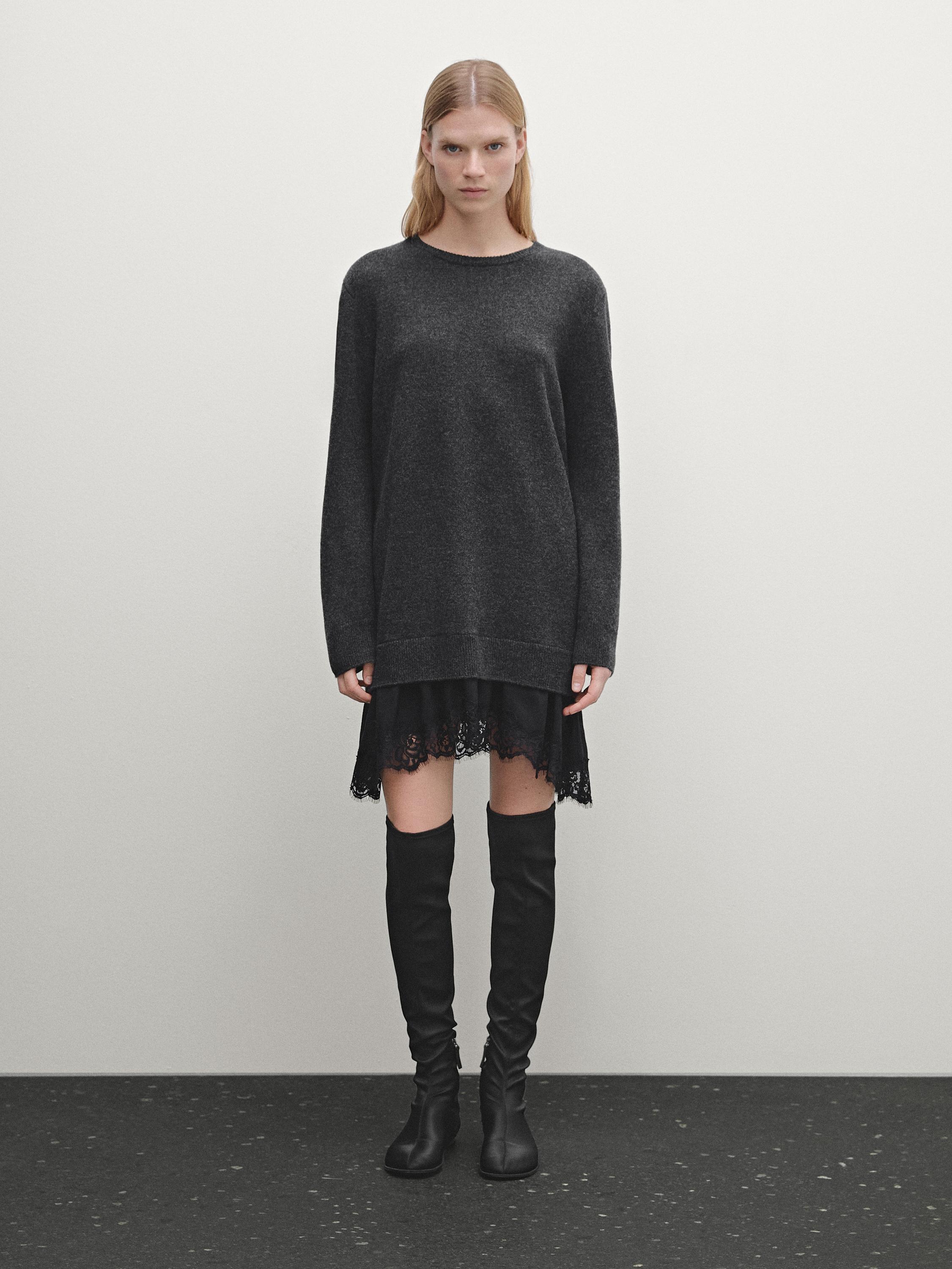 Knit dress with lace trim hem Massimo Dutti