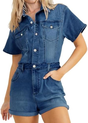 PLNOTME Womens Summer Denim Rompers Cute Vintage Short Sleeve Button Down Jeans Short Jumpsuits Plnotme