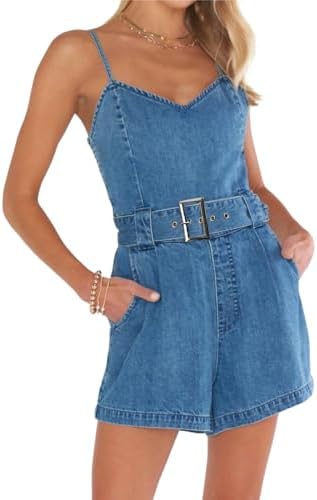 PLNOTME Women's Casual Summer Denim Romper Sleeveless Spaghetti Strap Loose Shorts Jean Jumpsuit Plnotme