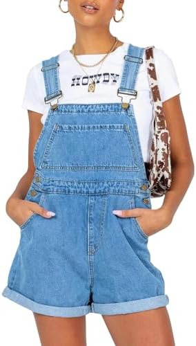 PLNOTME Women's Cute Denim Shorts Overall Fall Adjustable Straps Wide Leg Jeans Shortalls with Pockets Plnotme