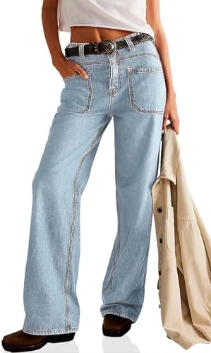 PLNOTME Womens Cuffed Wide Leg Jeans Boyfriend Casual Mid Rise Denim Pants with Pockets Plnotme