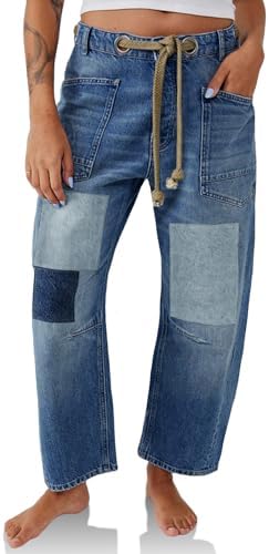 PLNOTME Womens Baggy Barrel Horseshoe Jeans Wide Leg Patchwork Low Rise Denim Pants with Pockets Plnotme