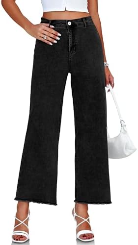 PLNOTME Womens Wide Leg Baggy Jeans High Waisted Boyfriend Raw Hem Casual Denim Pants Plnotme