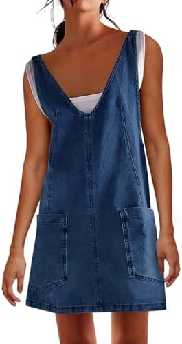 PLNOTME Womens Sleeveless Denim Overall Dress V Neck Summer Mini Jean Dress with Pockets Plnotme