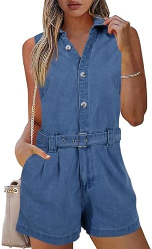 PLNOTME Women's Sleeveless Denim Rompers Summer Button Down Belted Jeans Short Jumpsuits Plnotme