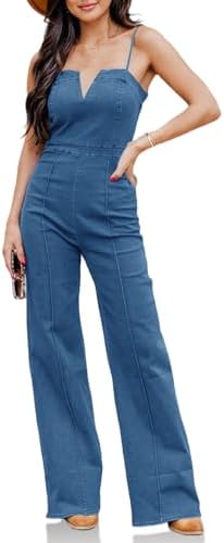 PLNOTME Womens Denim Jumpsuit Cute V Neck Spaghetti Straps Zip up Curvy Jeans Long Pants Rompers Plnotme