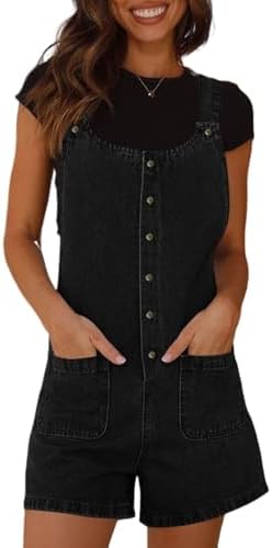 PLNOTME Women's Summer Denim Romper Overall Shorts Button Up Front Sleeveless Jean Jumper with Pockets Plnotme