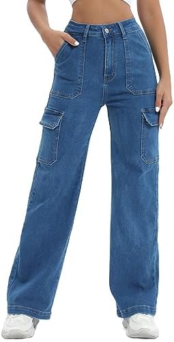 Women Cargo Jeans High Waist Y2K Straight Leg Trendy Stretchy Lightweight Jeans for Women Ettelo