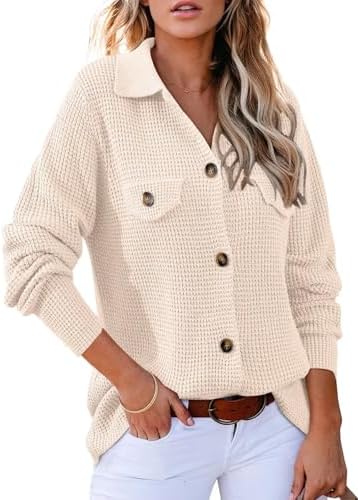 Astylish Women Waffle Knit Shacket Jacket Casual Long Sleeve Sweater Button Down Shirts Dressy Blouse Tops Astylish