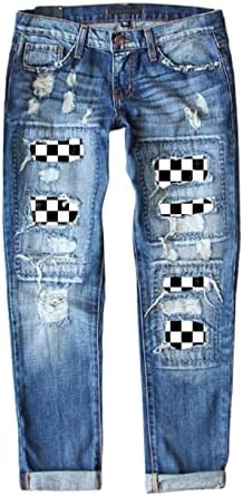 Astylish Women Football Ripped Patchwork High Rise Washed Jeans Boyfriend Distressed Denim Pants Blue Medium Astylish