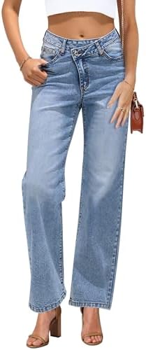 GRAPENT Baggy Jeans for Women High Waisted Straight Leg Crossover Trendy Stretch Denim Pants Slouchy Jeans with Pockets Grapent