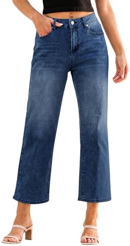 GRAPENT Jeans for Women Trendy High Waisted Baggy Straight Leg Stretchy Denim Ankle Pants Cropped Jeans with Pockets Grapent