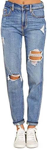 GRAPENT Women's Casual High Waisted Mom Jeans Ripped Stretchy Tapered Denim Pants Grapent