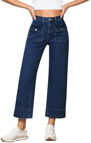 GRAPENT Wide Leg Jeans for Women Trendy High Waisted Straight Leg Cropped Stretchy Denim Pants with Retro Patch Pockets Grapent