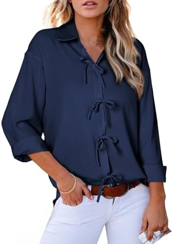 Astylish Womens V Neck Long Sleeve Blouse Button Down Solid Color Shirts Bow Tie Front Trendy Top Astylish