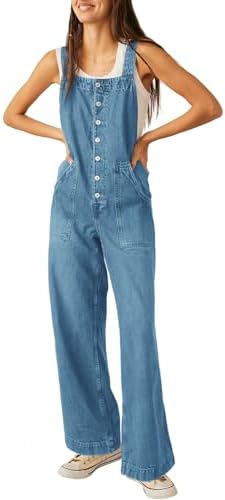 PLNOTME Women's Casual Denim Overalls Loose Button Up Adjustable Strap Baggy Wide Leg Jeans Overall Jumpsuits with Pocket Plnotme