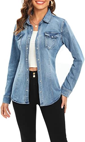 Denim Shirt for Women Long Sleeve Cotton Lightweight Fashion Denim Jacket for Women-2 Pockets Ettelo