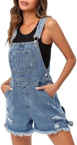 PLNOTME Women's Utility Denim Overall Shorts Distressed Adjustable Strap Jean Bib Shortalls with Pockets Plnotme